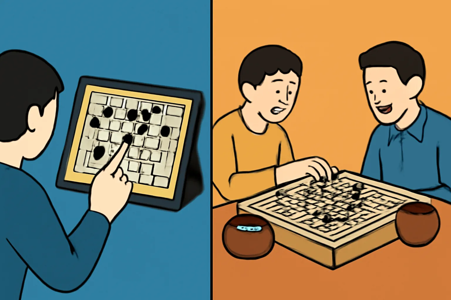 온라인바둑 오프라인바둑 디지털 아날로그 바둑비교일러스트